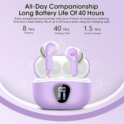 Wireless Earbuds, Bluetooth 5.4 Headphones HiFi Stereo, Bluetooth Earbuds with ENC Noise Cancelling Mic,IP7 Waterproof in Ear Earphones, 48H, LED Display Ear buds for Pad Phones Workout Sports, Purple