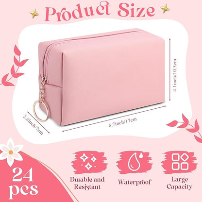 Chunful 24 Pcs Preppy Makeup Bag PU Leather Cosmetic Bag Bulk Makeup Plain Pouch Waterproof Toiletry Purse for Women Traveling Preppy Pencil Case Travel Purse Cosmetic(Peach Pink)