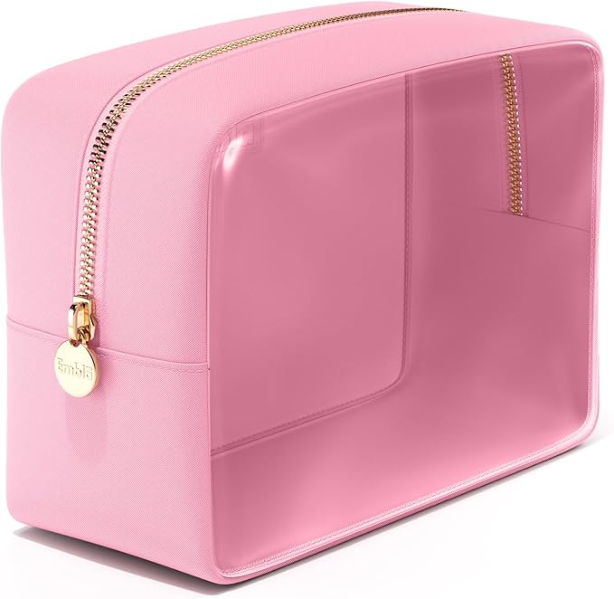Embla London Makeup Bag Cosmetic Case, Clear Zipper Make Up Pouch and Toiletry Travel Tote, Cute Skincare Pouches for Women Girls, Preppy Purse Cosmetic Organizer, Large Makeup Bags, Flamingo Pink