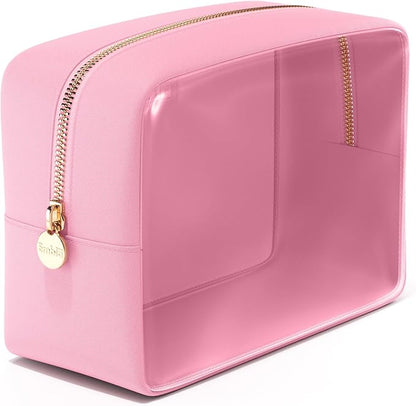 Embla London Makeup Bag Cosmetic Case, Clear Zipper Make Up Pouch and Toiletry Travel Tote, Cute Skincare Pouches for Women Girls, Preppy Purse Cosmetic Organizer, Large Makeup Bags, Flamingo Pink
