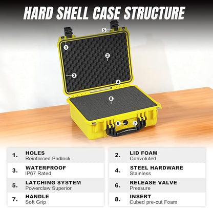 16x 12.8x 6.8 Inch Hard Case, Portable Weather Waterproof Protective Camera Case with Customizable Foam, Fit Use of Drones, Camera, Equipments, Yellow
