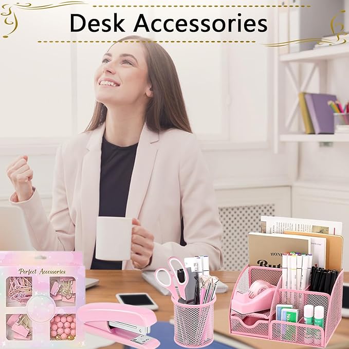 Office Supplies,Desk Accessories,Stapler and Tape Dispenser Set,1000 Staples,Staple Remover,Pen Holder,Folding Phone Holder,Journal Notebook,Ballpoint Pen,Scissor,Ruler,Clear Tape,Sticky Notes,Ect