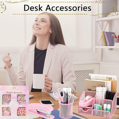 Office Supplies,Desk Accessories,Stapler and Tape Dispenser Set,1000 Staples,Staple Remover,Pen Holder,Folding Phone Holder,Journal Notebook,Ballpoint Pen,Scissor,Ruler,Clear Tape,Sticky Notes,Ect