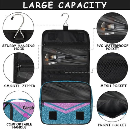 Custom Travel Toiletry Bag with Hanging Hook Cheerleading, Spacious Waterproof Toiletry Bag for Women for Travel Accessories, Toiletries Essentials Lake Blue Pink Cheer Shiny Glittering