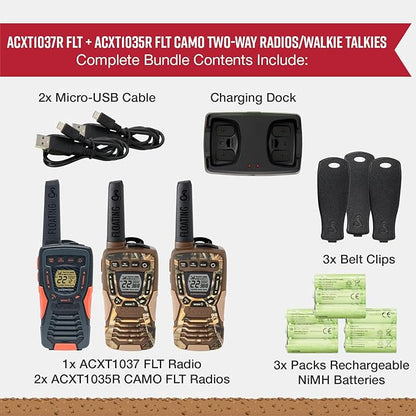 Bundle of Cobra ACXT1035R FLT CAMO Waterproof Walkie Talkies (2-Pack) + Cobra ACXT1037R FLT Floating Walkie Talkie (1-Pack)
