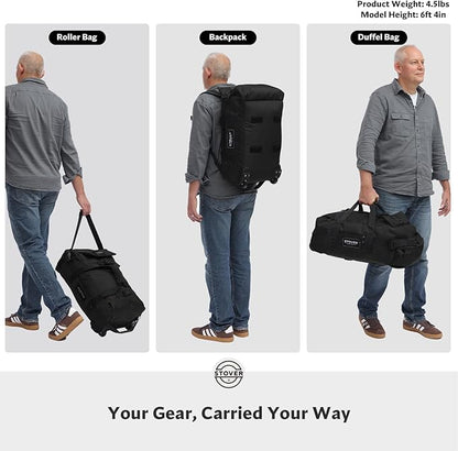 STOVER 45L Carry-On Rolling Duffel Bag with Wheels, Medium Durable Travel Duffle w/Toiletry Bag, Heavy-Duty, Packable, Foldable with Shoulder Straps- Use as Luggage or Backpack, Men/Women (Black)