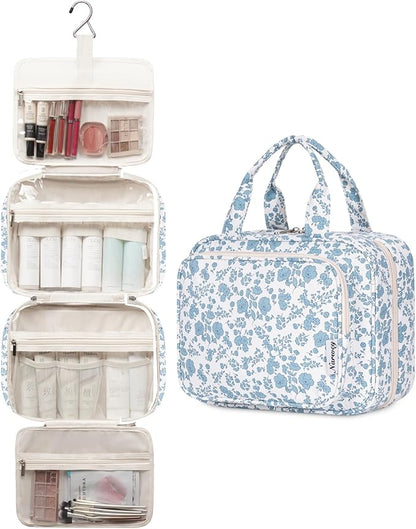 Narwey Travel Toiletry Bag for Women Large Hanging Makeup Bag Organizer Toiletries Bag for Full Size Essentials Accessories Cosmetics (Little Blue Flower (Large))