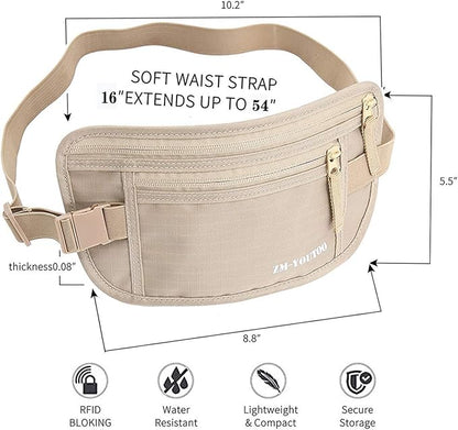 Money Belt for Travel - Hidden Travel Pouch Protect Your Credit and Money With RFID Blocking Passport Holder Waist Wallet (Khaki)