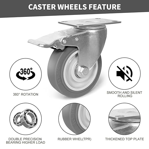 4 Inch Caster Wheel, Rubber Wheels Silent Castor- Set of 4 Heavy Duty Caster Wheels with Brake 1600Lbs, Industrial Plate Casters Wheels for Cart Furniture Workbench (2 Brake & 2 Swivel)