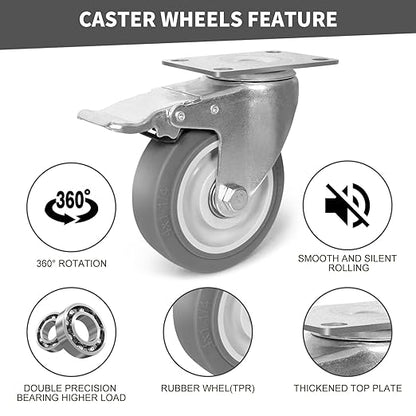 4 Inch Caster Wheels, Rubber Wheels Silent Castor- Set of 4 Heavy Duty Caster Wheels with Brake 1600Lbs, Industrial Plate Casters Wheels for Cart Furniture Workbench (4 Brake)