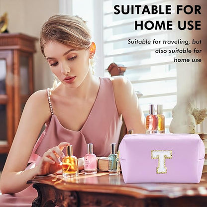 Gifts for Girls Initial Makeup Bag Personalized Cosmetic Bag with Zipper Cute Travel Toiletry Bag Waterproof PU Preppy Makeup Pouch Birthday Gift for Teen Girls Women(Purple T)