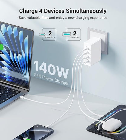 Mac Book Pro Charger - 140W Type C Fast Charger for USB C Port MacBook Pro & MacBook Air, ipad Pro, 4-Port PD20W Wall Charging Block Cube for iPhone 17/16/15/14/13 Pro Max, iPad,Samsung Galaxy