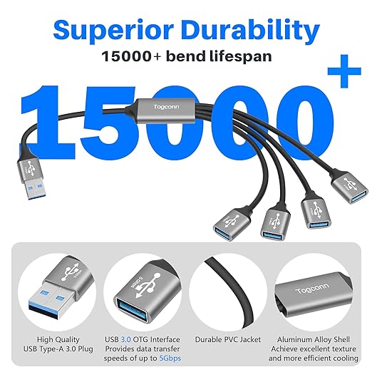 USB 3.0 Splitter 1-In-4 Out Y-Adapter Cable 2Feet, 5Gbps USB-A 3.0 Male to four 4 Female OTG Extension Cord, 4 USB Type-A Multi-Port Connector Extender Hub, Data Charger Power Splitter for Car, Laptop
