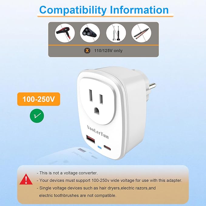 Type E/F Plug Adapter, VooLerTun France Germany Travel Adapter with 30W Fast Charge Power Adapter Dual Ports Compatible Cell Phone Camera, 1 American Outlet Adapter, US Converter European Travel