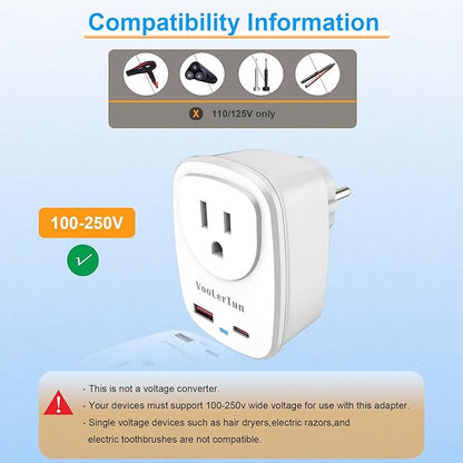 Type E/F Plug Adapter, VooLerTun France Germany Travel Adapter with 30W Fast Charge Power Adapter Dual Ports Compatible Cell Phone Camera, 1 American Outlet Adapter, US Converter European Travel