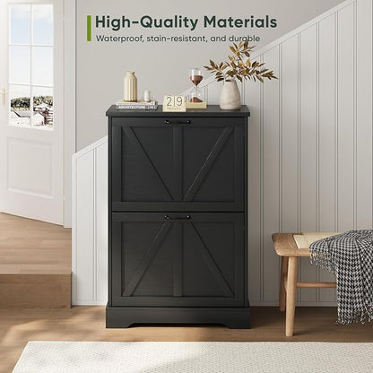 Shoe Cabinet, Shoe Storage Cabinet for Entryway with 2 Flip Drawers, Narrow Farmhouse Shoe Organizer Cabinet, Slim Shoe Rack Cabinet, 23.6in Black