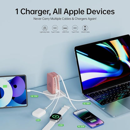 Retractable Apple Watch Charger, 5 in 1 Travel Charging Station for Apple Devices, Retractable Chargers for Multiple Devices with Multi Charging Cable, Charger Block for Apple Gear (Pink)