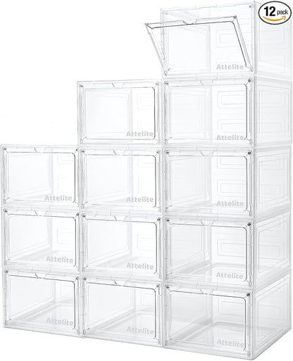 Attelite Upgrade 12pack Shoe Box Storage Containers,Thicken Sturdy Clear Stackable Plastic Shoe Organizer Box with Magnetic Door, X-Large Drop Front Shoe Box
