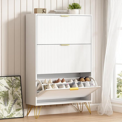 Shoe Storage Cabinet with 3 Flip Drawers, 31.5" W Fluted Shoe Cabinet for Entryway, Hidden Shoe Cabinet Storage, Narrow Free Standing Shoe Orgnaizer Rack Cabinet for Foyer Hallway, White