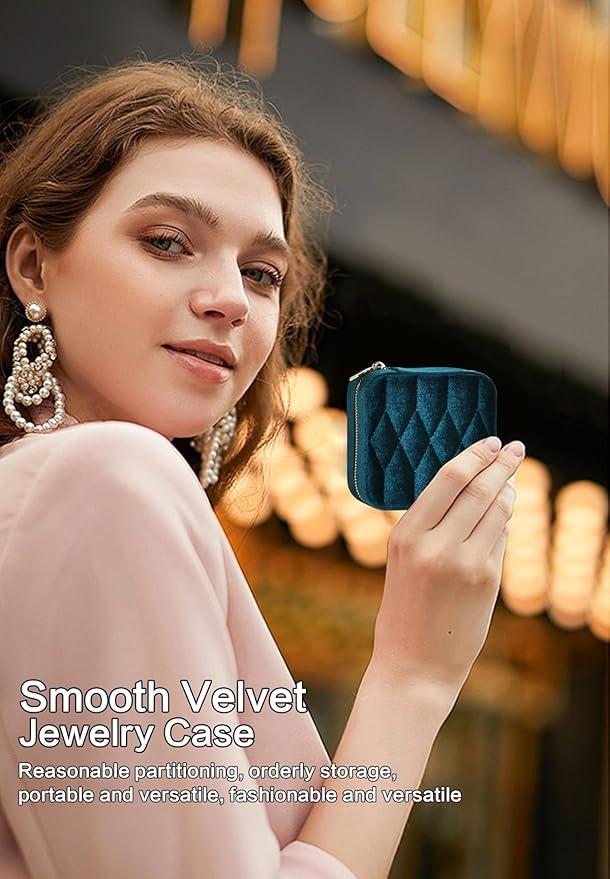 Velvet Jewelry Box – Travel Jewelry Case Organizer with Mirror, Adjustable Compartments for Women | Luxury Storage Case & Gift for Her - Light Blue