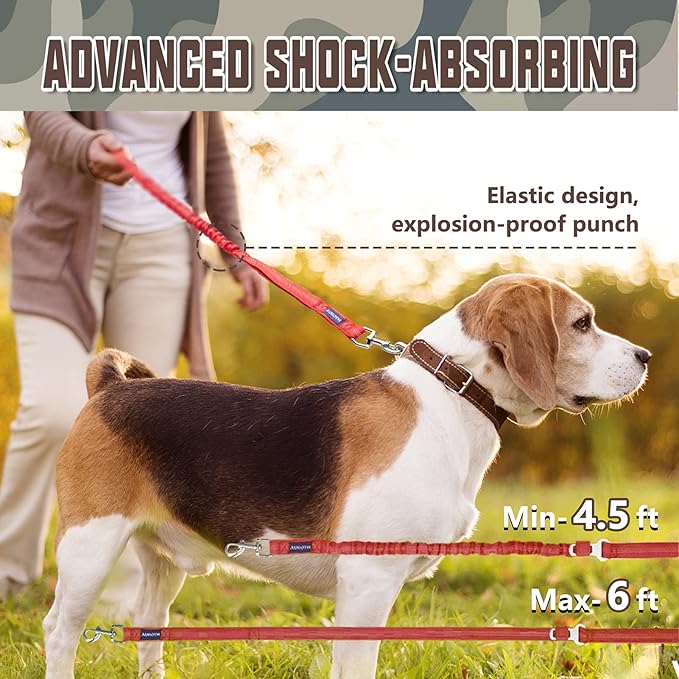 AUROTH Heavy Duty Bungee Dog Leash for Large Breeds - 6FT with 2 Padded Handles, Shock Absorption, No Pull Training, Red