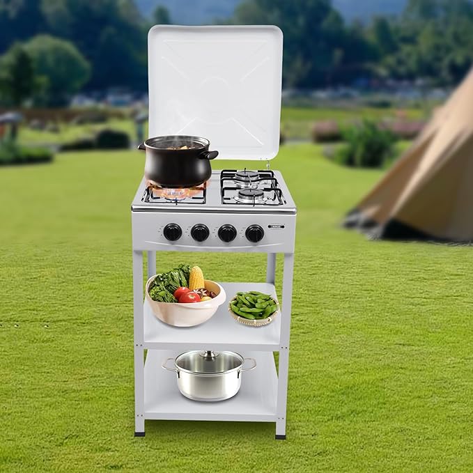 Natural Gas Stove, 4 Burner, Auto Ignition Portable Gas Stove with Support Leg Stand and Wind Blocking Cover Adapter for Rv Apartment Outdoor Cooking (White)