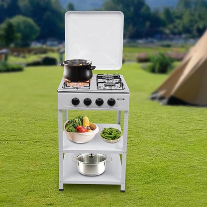 Natural Gas Stove, 4 Burner, Auto Ignition Portable Gas Stove with Support Leg Stand and Wind Blocking Cover Adapter for Rv Apartment Outdoor Cooking (White)