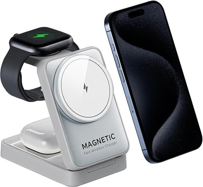 2025 Upgraded 3-in-1 Wireless Charger for iPhone,Travel Magnetic Charger Stand Nightlight Foldable Wireless Charging Station Compatible with Magsafe Charger&iPhone 17/16/15/14/13,Apple Watch&AirPods
