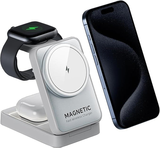 2025 Upgraded 3-in-1 Wireless Charger for iPhone,Travel Magnetic Charger Stand Nightlight Foldable Wireless Charging Station Compatible with Magsafe Charger&iPhone 17/16/15/14/13,Apple Watch&AirPods