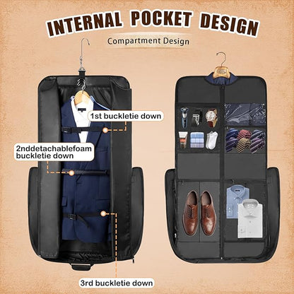 Garment Bag Travel Large Leather Carry On Suit Bag with Strap for Business Hanging Suitcase Luggage Bags for Men Women (Black)