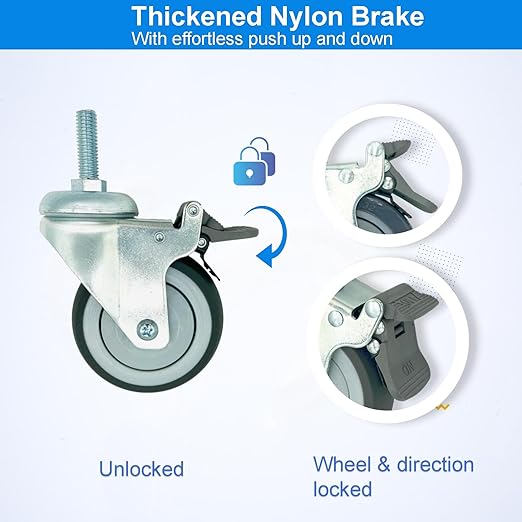 4 inch Swivel Caster Wheels Heavy Duty with Nylon Brake, 1/2" x13-1-1/2 Threaded Stem Casters Set of 4, TPR Rubber Wheels for Hospital, Lab, Furnitures,Restaurant