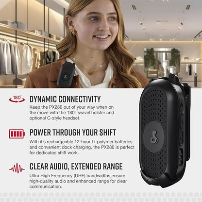 Cobra PX280 Compact Portable FRS Two-Way Radios - IP54 Certified Durability, Dock Charging, 12-Hour Battery Life, Compact Wearable Form Factor Professional Walkie Talkies for Business (6-Pack)