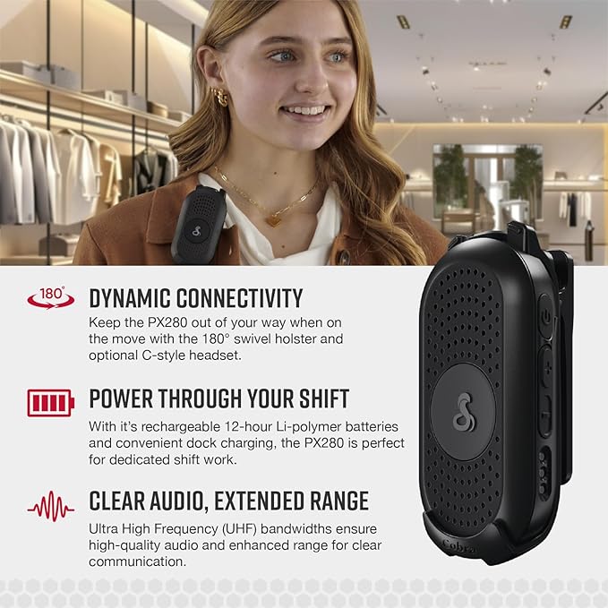 Cobra PX280 Compact Portable FRS Two-Way Radios - IP54 Certified Durability, Dock Charging, 12-Hr Battery, Compact Wearable Form Factor Professional Walkie Talkies for Business (2-Pack with Headsets)