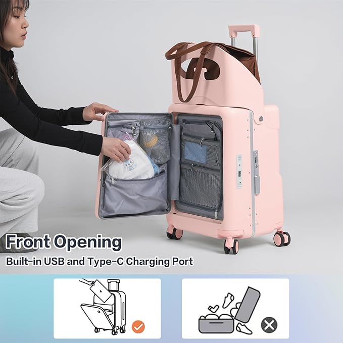 smilesun 20" Carry On Luggage with Seat For Kids & Adults，Hardside Ride On Suitcase Front Opening with 360°Spinner and TSA Lock For Travel (Pink with Front Open, 20")