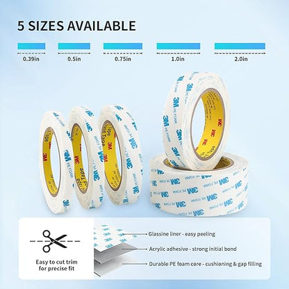 3M 1600T Double Sided Tape, PE Foam Tape 0.75" x 18 Ft White Removable Strong Adhesive No Residue for RV Picture Hanging, Posters Frames Wall Decor Indoor & Outdoor Use(2 Pack)