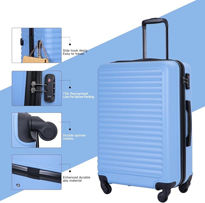 Travelhouse Luggage Sets Hardside Suitcases 24in/28in, Carry on 20in,3 Piece Set Travel Luggages Clearance with Double Spinner Wheels TSA Lock Lightweight (light blue)