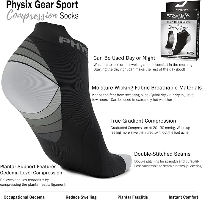 Physix Gear Short Compression Socks for Men & Women - Best Low Compression Socks Women & Men Ankle Socks with Arch Support
