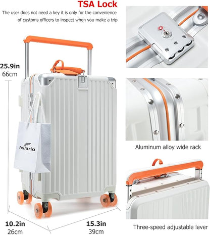 feilario 24" Aluminum Frame Wide Handle Hard Shell Carry On Suitcase - Vivid Colors Double Spinner Wheels Airline Approved Rolling Luggage with TSA Lock & Cup Holder (White, 24in)