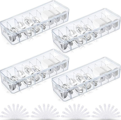 Tatuo 4 Pcs Cable Organizer Box with Wire Ties, Plastic Cord Storage Box with Lid, Electronics Organizer for Home Office Desk Organizers and Accessories (Clear)
