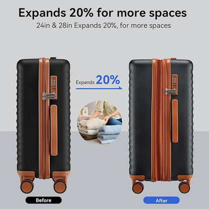 Travel Suitcase Sets 3 Piece, Expandable Hardshell Luggage Sets 3pcs with TSA Lock Spinner Wheels, Black-Brown (20''/24''/28")