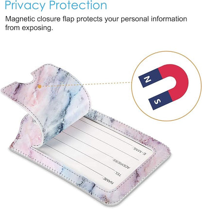 Fintie Luggage Tags, Privacy Cover ID Label with Stainless Steel Loop and Address Card for Travel Bag Suitcase - Marble Pink (2 Piece)