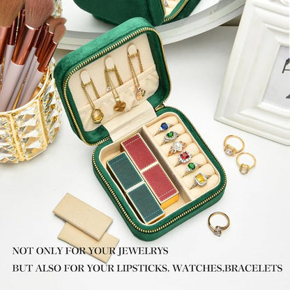 TAIMY Plush Velvet Travel Jewelry Box, Small Travel Jewelry Case, Portable Mini Jewelry Travel Organizer Boxes for Rings Earrings Necklaces Bracelets(Emerald Green,No Mirror)