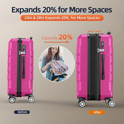 SHOWKOO Luggage Sets Expandable PC+ABS Durable Suitcase Sets Double Wheels TSA Lock Megenta 3pcs