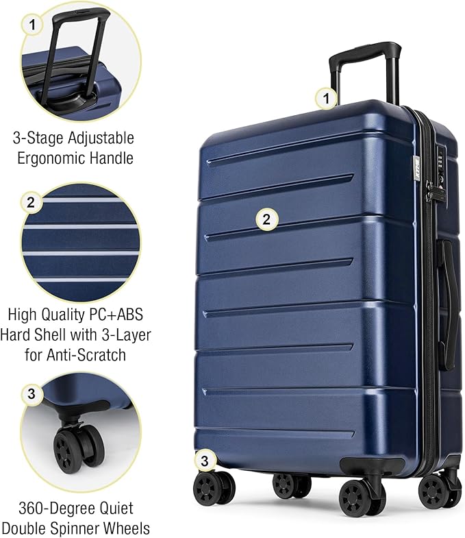 KYME Large Suitcases with Wheels Hardshell 28 Inch Luggage TSA Approved Big Checked Luggage Durable Travel Rolling Suitcase for Women Men Navy