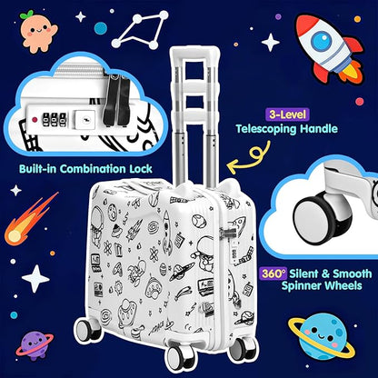 Kids Ride-On Suitcase with Cute Ears, DIY Graffiti Coloring Design, 20" Carry-On Luggage with 4 Spinner Wheels, Pull Rope & Combination Lock – Rideable Travel Case for Toddlers & Children(White)