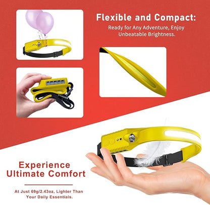 Rechargeable LED Headlamp, 400 Lumens, 230° Wide Beam, USB-C, IPX4, 5 Modes — Lightweight, Adjustable Headband; Hard Hat Clips for Camping, Hiking, Running, Repairs & Gift (1, Yellow)