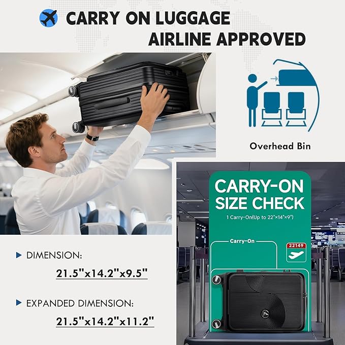 RAINSMORE Carry on Luggage Airline Approved, 20 Inch Expandable Hard Sided Carry on Suitcase with Spinner Wheels, Hard Shell Small Rolling Travel Luggages for Women Men with Tsa Lock, Black