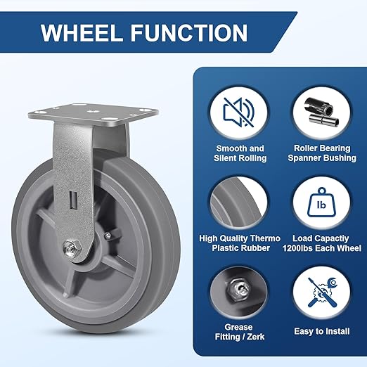 8 Inch Rubber Wheels (Flat Tread)- Heavy Duty Casters, Industrial Caster Wheels- with up to 1200 LB Capacity- Use for Dollies, Utility and Maintenance Carts(1 Rigid)