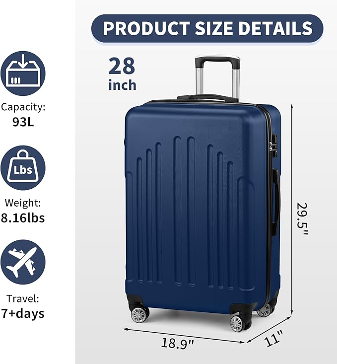 Karl home 28 Inch Check-in Luggage with Spinner Wheels, ABS Hardshell Checked Suitcase with TSA Lock, Durable Large Suitcase Rolling Luggage for Men Women, Navy Blue