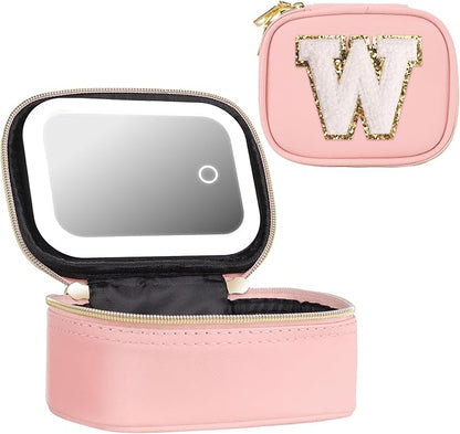Mini Initial Makeup Bag With Led Mirror With Lights Gifts For Women Girls, Small Makeup Box For Travel Gift, Cosmetic Bag Make Up Organizer Personalized Bags Birthday Christmas Gifts For Womens (W)